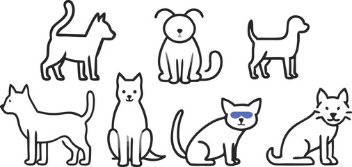 Collection of pet icons drawn with contour line on white background. Set of domestic animal linear symbols