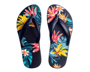 Colorful flip flops with tropical floral design, perfect for summer. These stylish sandals feature vibrant flowers and leaves, ideal for beach outings or casual wear