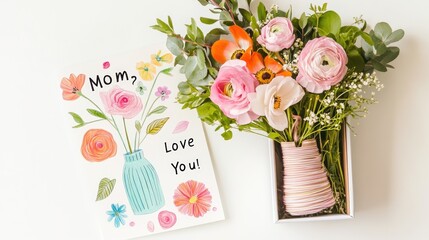 Mother's Day gift pink ranunculus bouquet in box with card.