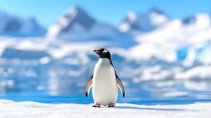 Obraz premium Gentoo penguin standing on snow in Antarctica, mountains background.