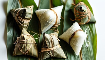 Traditional Zongzi Dumplings Wrapped in Bamboo Leaves from a Top-Down View