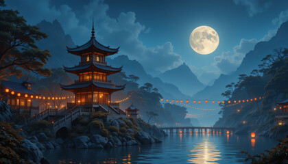 Fototapeta premium Serene night scene with a pagoda by a river under a full moon.