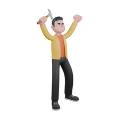 Full Designer Workflow Characters 3D Model. A male designer set stands with both hands raised while clenched and one of them carries a hammer in his right hand. Cartoon Style
