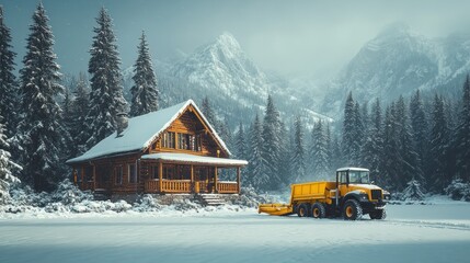 Snowy landscape with a cabin and a snowplow vehicle.