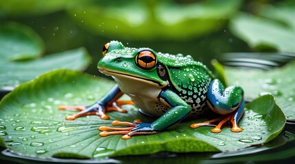 Naklejka premium Vibrant Green Frog on a Dew-Kissed Lily Pad