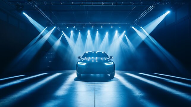 Sleek dark car showcased under bright stage lights in a large, dark studio.