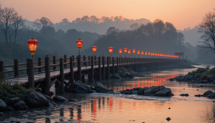 Obraz premium Serene bridge illuminated by lanterns at sunset over calm water.