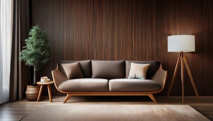 Empty Dark Wood Accents Wall Mockup in Mid Century Modern Interior with Low Sofa with Wooden Frame and a Tripod Floor Lamp. Natural Daylight From a Window. Promotion Background.