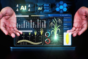 Professional holding a tablet with smart farming AI icons: agricultural technology and IoT AI solutions for precision agriculture, sustainable practices, and AI high-tech farm management.