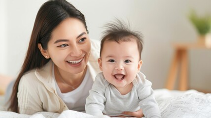 A joyful mother and baby share a tender moment, with the baby smiling widely while lying on a soft blanket in a bright, cozy environment.