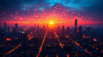 Fototapeta premium Cityscape Sunset Network Illuminated Urban Skyline