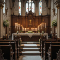 Fototapeta premium A serene church interior with candles and floral arrangements.