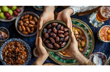 Hands offering a bowl of dates a traditional food