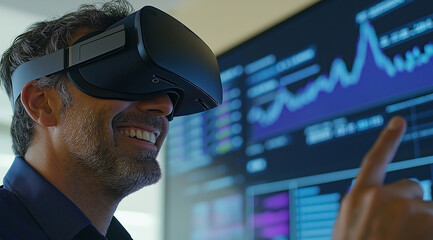 A smiling man wearing a virtual reality headset, with a digital screen in the background displaying data and graphs. He is pointing at the screen with his finger.