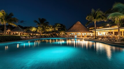 Fototapeta premium Nighttime Serenity at Tropical Resort Poolside