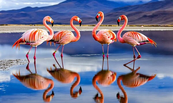 Four Andean Flamingos Gracefully Standing in a Pristine Lake