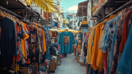 Fototapeta premium Vibrant Outdoor Clothing Market: A Narrow Passage Filled with Colorful Garments