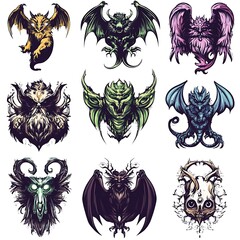 Nine colorful mythical chimera creatures.