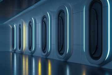 Futuristic interior view of a sci-fi corridor with illuminated windows and sleek design