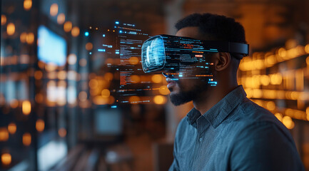 A man wearing virtual reality glasses with holographic data and code floating around his head, representing the future of technology in digital marketing.