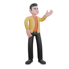Designer Skills Set Characters 3D Model. A male designer set stands with his left hand open, expression of talking. Cartoon Style