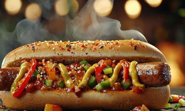 Steaming Hot Dog in Toasted Bun with Peppers, Onions, and Mustard