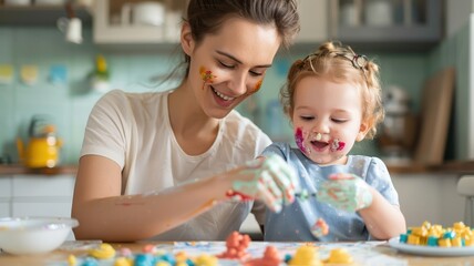 Fototapeta premium A joyful mother and daughter engage in creative play, covered in colorful paint, while making art together at a bright kitchen table.