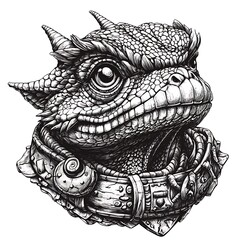 Detailed drawing of a horned lizard warrior.