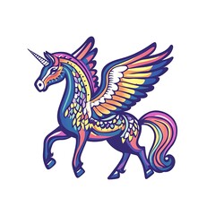 Colorful winged unicorn with rainbow mane and tail.