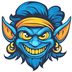 Blue mischievous goblin head with a grin.
