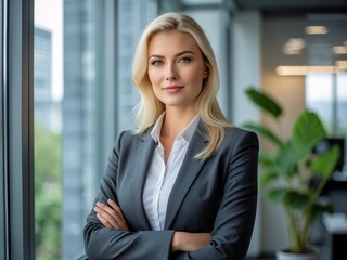 A professional young businesswoman stands confidently by the window, exuding professionalism and thoughtfulness