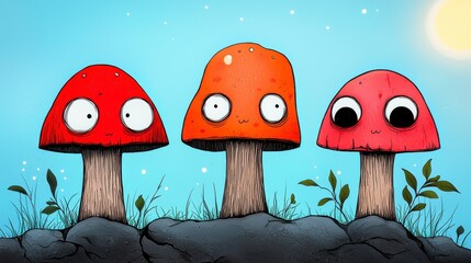 Playful Cartoon Mushrooms with Bright Colors and Expressive Faces