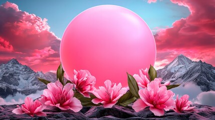 Vibrant Pink Sphere Surrounded by Blossoming Flowers and Mountains