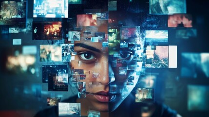 Person surrounded by screens, face fragmented, symbolizing mental overload from propaganda