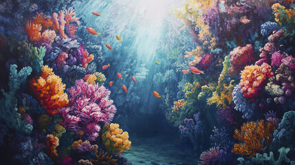 Naklejka premium Vibrant coral reef teeming with colorful marine life and sunlight