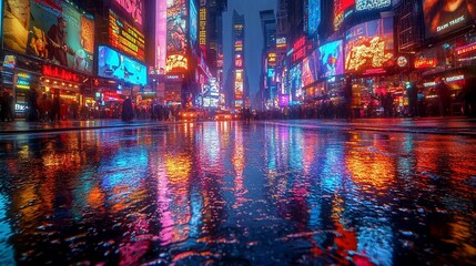 Fototapeta premium Rain Reflects Vibrant Times Square Night Lights