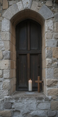 A candle and wooden cross on a stone window ledge.