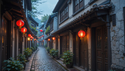 Obraz premium Tranquil alleyway adorned with lanterns in a historic setting.