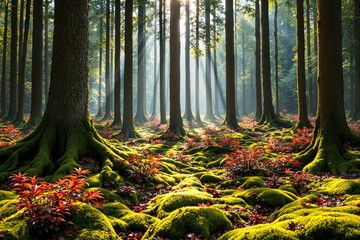 Obraz premium Lush forest landscape featuring moss-covered ground and vibrant red plants under tall trees with sunlight streaming through. Nature concept. Ai generative