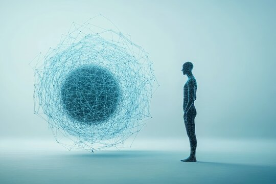 Human figure crafted from digital lines stands beside ai model shaped like a wire sphere