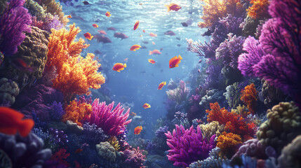 Naklejka premium Vibrant coral reef with colorful fish swimming in clear water