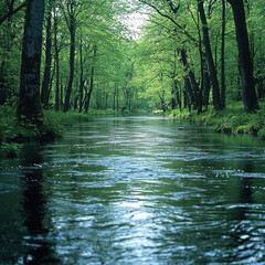 Obraz premium Serene river flows through lush green forest.