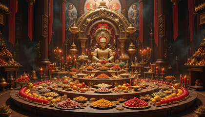 Obraz premium A vibrant altar with offerings and candles in a spiritual setting.