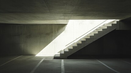 Obraz premium Concrete Staircase Illuminates a Dark Parking Garage: A Study in Light and Shadow