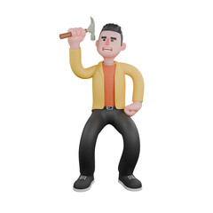 Designer Roles in Art Set 3D Model. A male set designer stands with his knees bent and holds a hammer in his right hand. Cartoon Style
