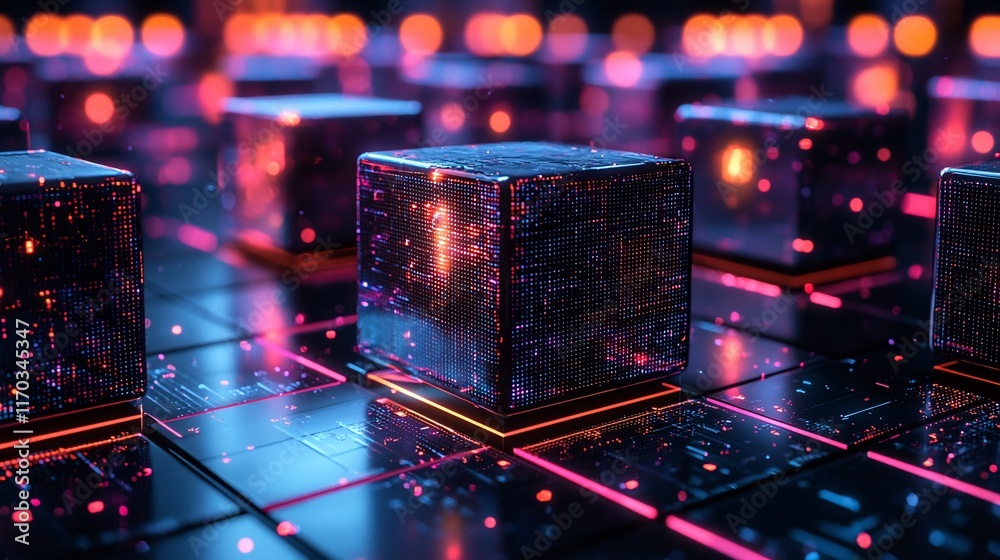 Canvas Prints glowing translucent cubes on a circuit board.