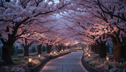 Fototapeta premium Serene cherry blossom pathway lined with lanterns at dusk.