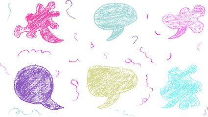 Hand drawn colorful grunge crayon speech bubble, charcoal in scribble style isolated on white background. Dialogue communication and speech bubble concept sign