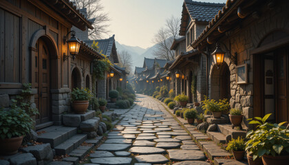 Fototapeta premium Serene cobblestone path lined with quaint wooden houses and lanterns.