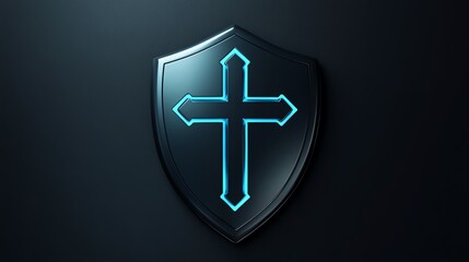 Obraz premium Shield with cross logo, clean symmetry, glowing metal, 3D icon style